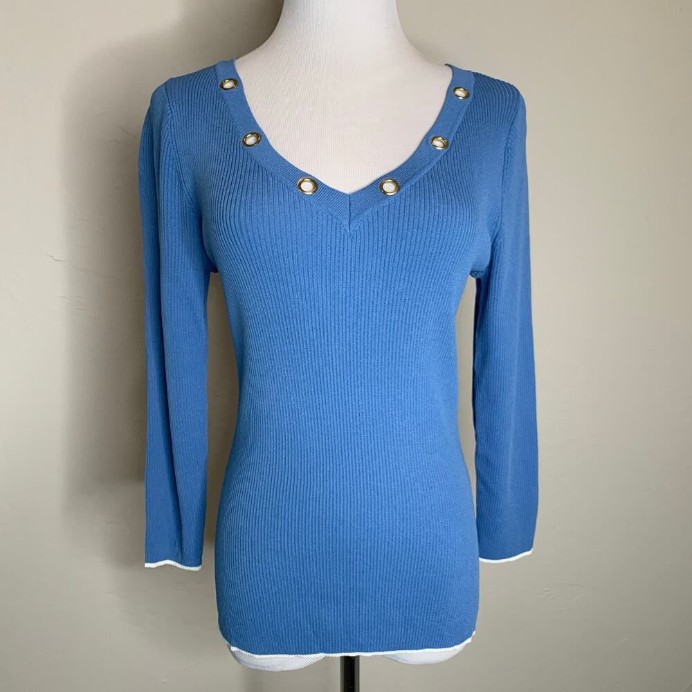 Emma James Medium Blue Ribbed V Neck Sweater Brass Grommets Sz Medium